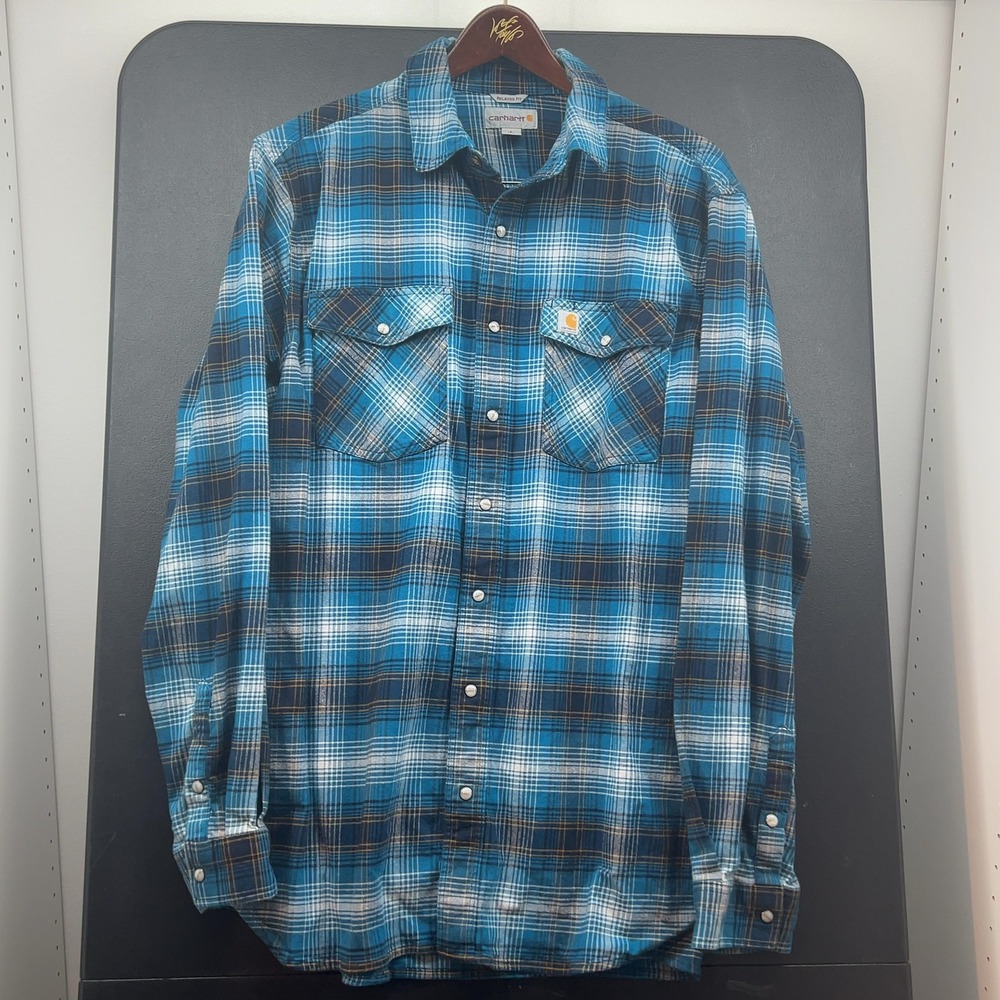 Carhartt Relaxed Fit Snap Flannel Shirt L Tall Blue Plaid 104449 136 Mens